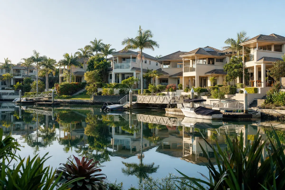 A canal estate of rendered two-storey homes with tiled terraces and upper balconies over still water, boats moored at private pontoons — illustrative example