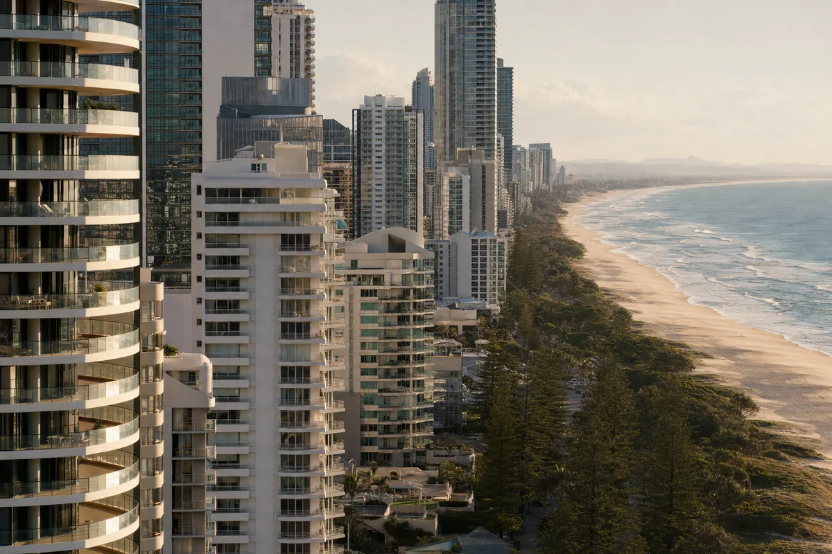 An elevated view along a dense strip of Gold Coast apartment towers, every facade layered with balconies, the beach and ocean alongside — illustrative example