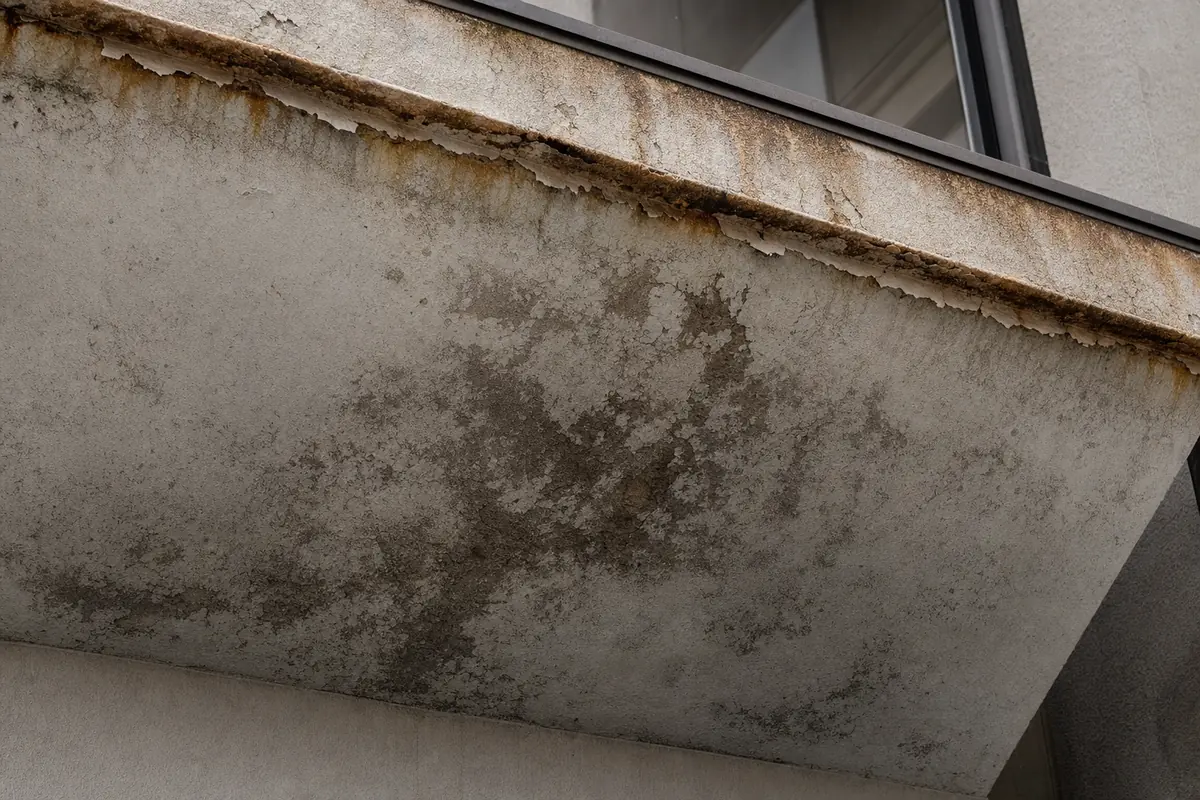 The underside of a concrete balcony showing a dark damp plume, brown mineral staining along the drip edge and paint lifting at the perimeter — illustrative example