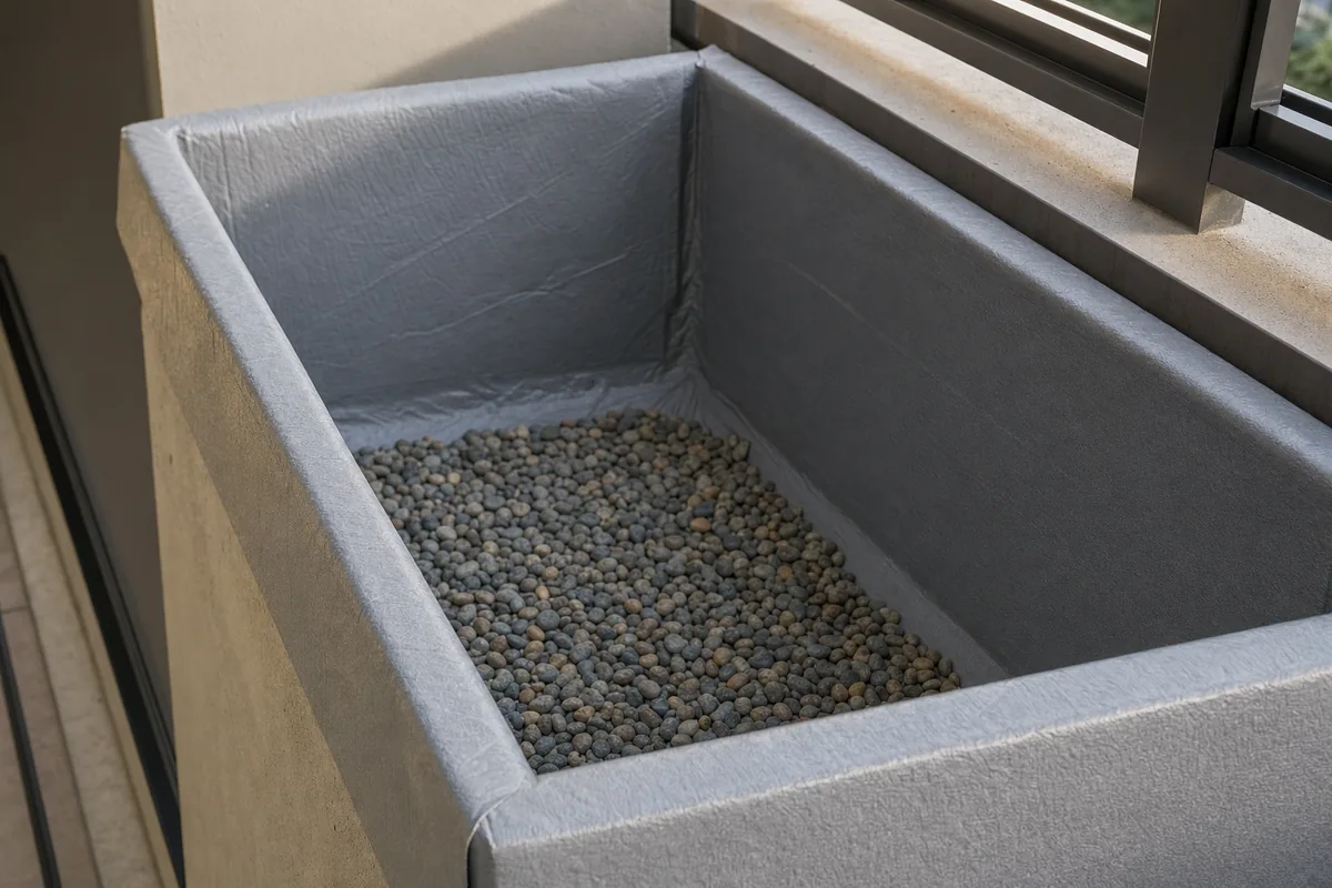 A concrete planter box on a balcony, empty of soil, grey membrane dressed up the inside face and over the lip with drainage gravel in the base — illustrative example