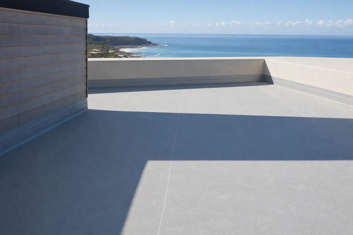 A rooftop terrace finished in pale grey trafficable membrane running to a low parapet with the membrane turned up it, ocean horizon beyond — illustrative example