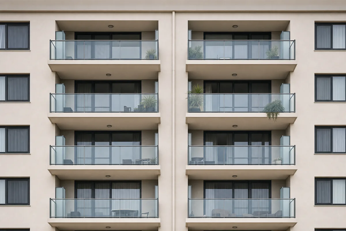 A square-on view of eight identical apartment balconies stacked in two columns on one facade — illustrative example