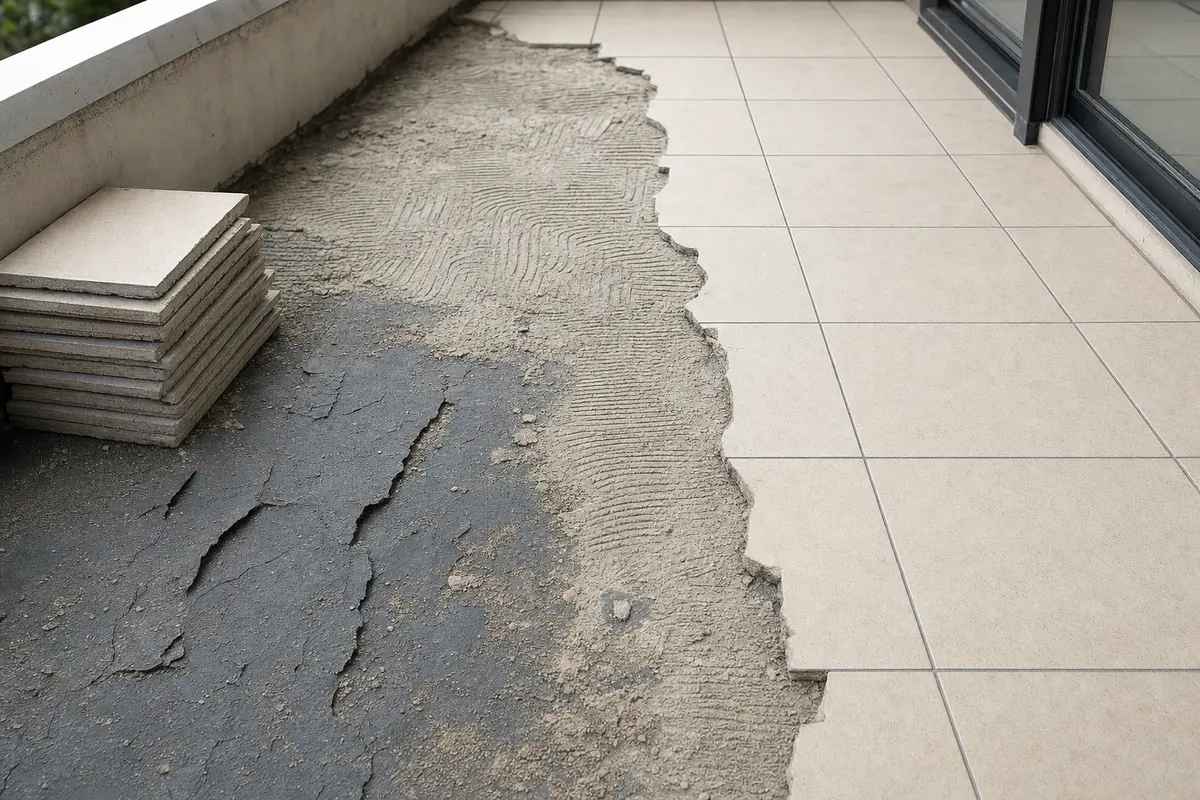 A balcony half stripped, tiles lifted on one side exposing old bedding and a cracked dark membrane, stacked tiles at the edge — illustrative example