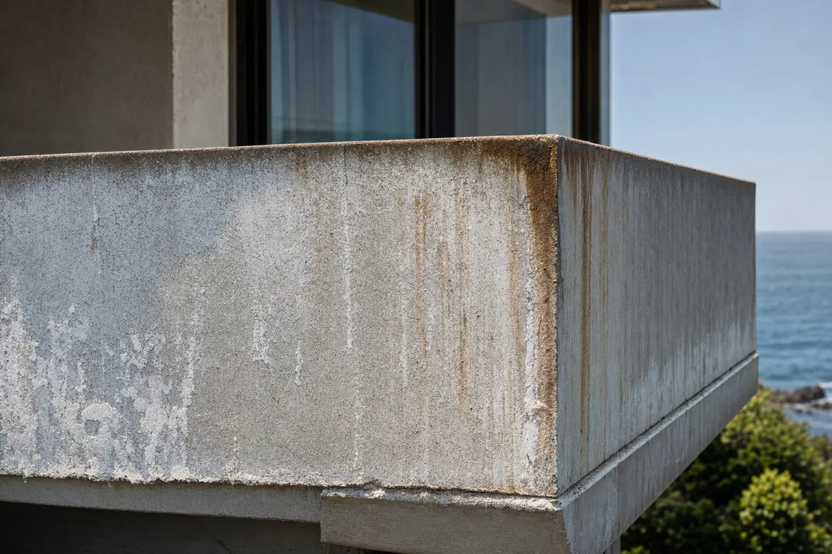 A rendered concrete balcony edge with white salt bloom and rust-brown staining running down the face, ocean behind — illustrative example
